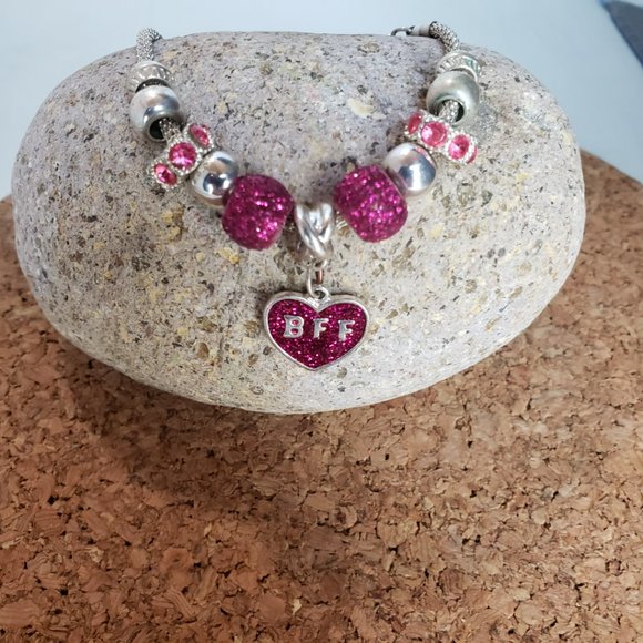 Silver Tone Hot Pink BFF Heart Beads Snake Chain Bracelet 8" Total L 2" Dia - Picture 2 of 11